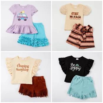 Летняя одежда для маленьких девочек Girlymax, Бутик Одежды, Хлопковые шорты в клетку и полоску с кисточками с фламинго, Комплект