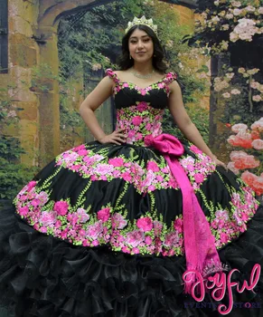 Черные платья Charro Quinceanera Бальное Платье Милая Аппликация Из Органзы Пышное Мексиканское Сладкое 16 Платьев 15 Anos