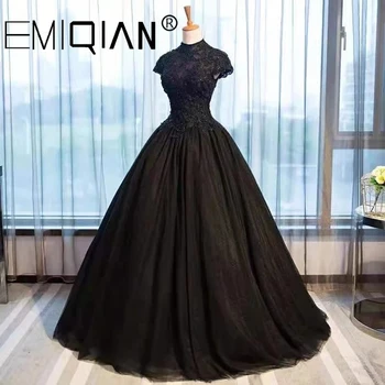 Великолепные черные вечерние платья из бисера 2023, Свадебное платье с высоким вырезом и рукавами, платье для выпускного вечера длиной до пола сзади