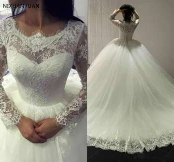 Свадебные платья больших размеров, прозрачное кружевное свадебное платье трапециевидной формы с длинными рукавами, свадебное платье на заказ