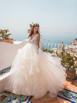Изысканное белоснежное свадебное платье для женщин, кружевные тюлевые свадебные платья с V-образным вырезом и 3D цветами, сшитые на заказ, большие размеры, Vestido De Novia