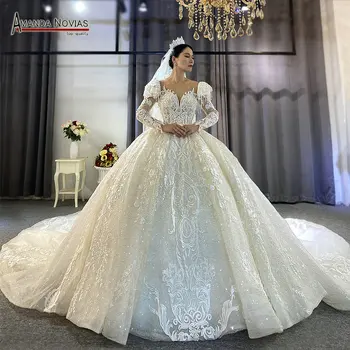 Свадебное платье принцессы с пышными рукавами, красивое свадебное платье с открытой спиной, настоящий образец
