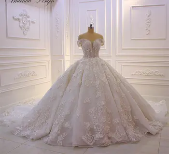 свадебное платье robe mariage с открытыми плечами, короткий рукав, кружевные аппликации, 3D цветок, роскошное свадебное платье