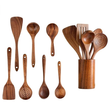 Кухонная ложка-совок из натурального тика, кухонная деревянная лопатка, Набор посуды с антипригарным покрытием для приготовления пищи С подвесными крючками, набор инструментов для приготовления пищи