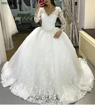 Сшитое на заказ свадебное платье принцессы с V-образным вырезом 2023 Бальное платье с пышными кружевными аппликациями с длинными рукавами, Новое дизайнерское свадебное платье