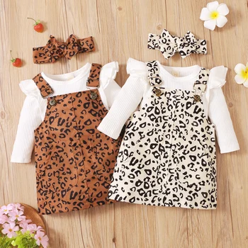 FOCUSNORM, 3 шт., осенние комплекты милой одежды для маленьких девочек, однотонные ползунки с длинными рукавами 0-18 м, топы + комбинезон с леопардовым принтом, платье
