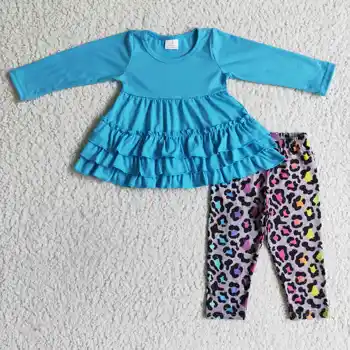 Хит продаж, Оптовая продажа, Осенние Наряды для малышей с рюшами, Синие Бутик-костюмы для девочек, Комплекты детской леопардовой одежды.