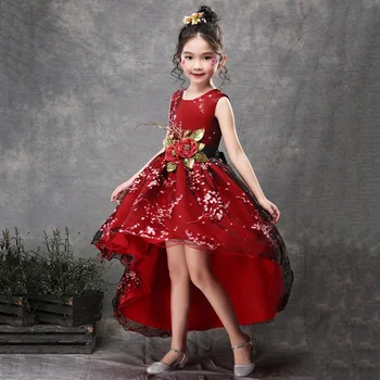 2023 Ins Модные вечерние платья для девочек Платья принцесс для девочек Платья со шлейфом Детское кружевное платье без рукавов