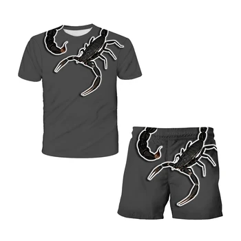 Футболки с шортами для мальчиков, костюмы на Хэллоуин, супер крутой топ + шорты с 3D-принтом в виде Скорпиона, комплекты из 2 предметов для детей, одежда для мальчиков, брюки