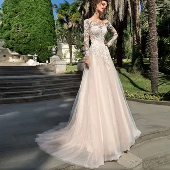Кружевные длинные свадебные платья 2022 трапециевидные платья для невесты Роскошные аппликации с длинными рукавами Винтажное свадебное платье