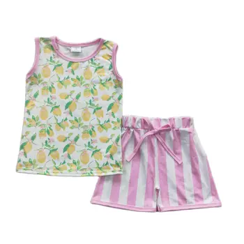 Летняя одежда для маленьких девочек, костюмы, Бутик, топы, плавки, Жилет с лимонным принтом, Детские повседневные комплекты шорт от 1 до 14 лет