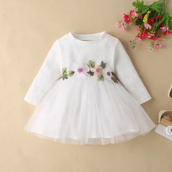 Тюлевые платья для маленьких девочек, платье принцессы с вышивкой в цветочек, 0-24 м, весенняя хлопковая одежда с длинным рукавом для девочек, праздничное платье