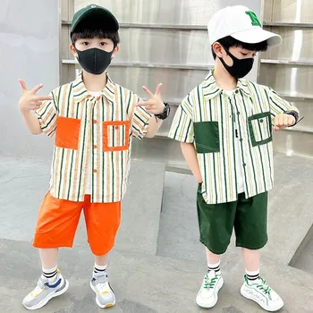 2шт мальчиков одежда набор лето дети с коротким рукавом в полоску футболки шорты спортивные костюмы комплект с брюками для мальчика-подростка одежды