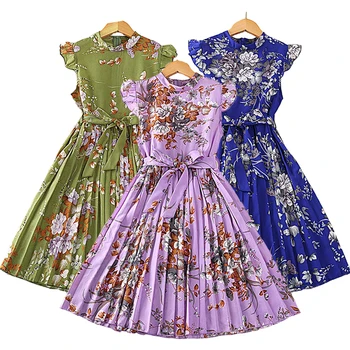 2023 Новое летнее платье для девочек в стиле ретро с цветочным принтом и бантом, платье принцессы для детей, детская одежда в подарок на день рождения