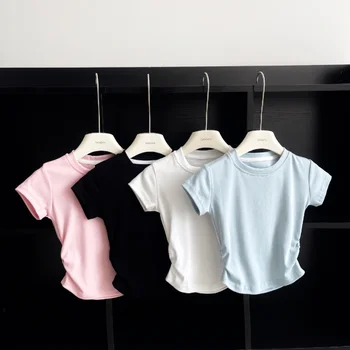 Детская однотонная футболка с короткими рукавами, топ для девочек, круглый вырез в сложенном виде, Летняя новинка 2023 года, детская блузка, детская одежда