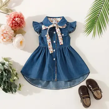 Праздничное платье принцессы для маленьких девочек: Очаровательное джинсовое платье без рукавов с отворотом