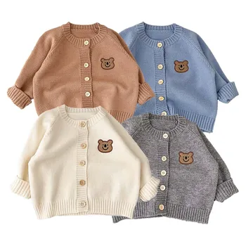 Кардиган с милым Мишкой, свитера, детская куртка с длинными рукавами для маленьких мальчиков и девочек, Весенне-осенний модный вязаный свитер, Корейская одежда для младенцев