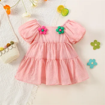 Платье для маленьких девочек 0-3 лет с объемным цветочным рисунком, большим круглым вырезом, короткими рукавами, однотонное, удобное, повседневное, пляжное