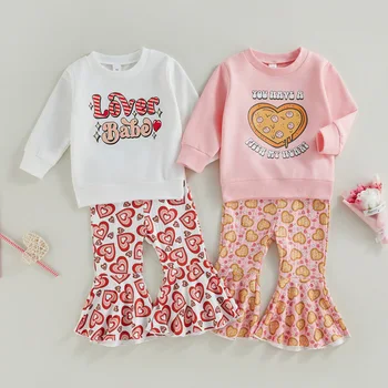 Детская одежда из 2 предметов, толстовки с длинными рукавами и буквенным принтом, топ + Расклешенные брюки с принтом в виде сердца для маленьких девочек, наряды на День Святого Валентина