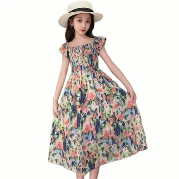 Летнее платье для девочек, детское платье с цветочным узором, новейшее детское платье, одежда в повседневном стиле для девочек 6, 8, 10, 12, 14 лет