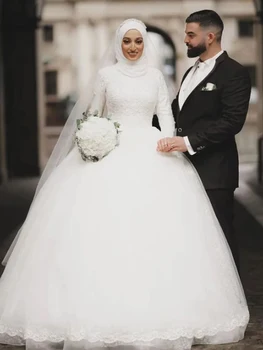 Свадебные платья для женщин, мусульманские, с высоким воротом, С длинными рукавами, длиной до пола, со шлейфом, Трапециевидной формы, с кружевным бисером, Вечернее платье невесты, 2023, Хит продаж