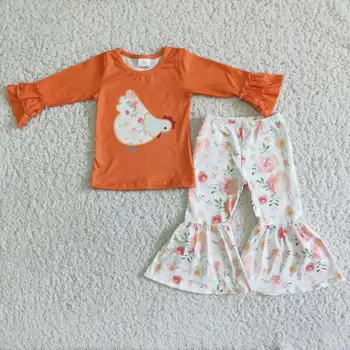 Горячие продажи RTS БЕЗ MOQ, Детские Оранжевые расклешенные плавки, Цветочный Детский бутик, наряды для цыплят для маленьких девочек