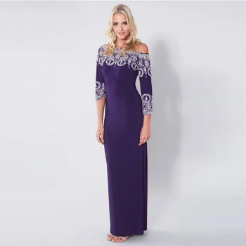 Новые изящные фиолетовые платья-футляры для матери невесты с вырезом лодочкой во всю длину и рукавами 3/4, свадебные платья для гостей, расшитые бисером