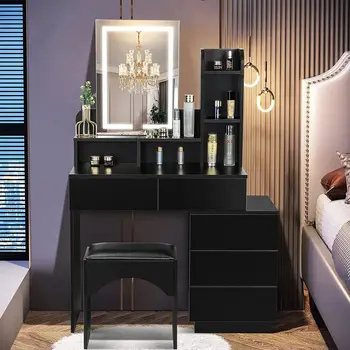 Туалетный столик для макияжа с комодом с 3 выдвижными ящиками, прямоугольным зеркалом с подсветкой, полками ， Мебель для интерьера, для спальни