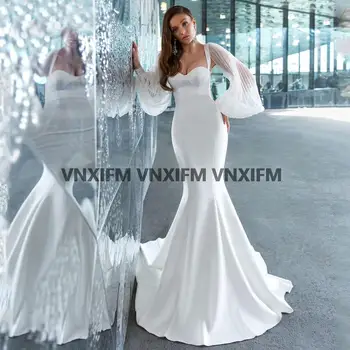 Белые свадебные платья русалки, Мягкие атласные пляжные свадебные платья с пышными рукавами, роскошные вечерние платья принцессы большого размера