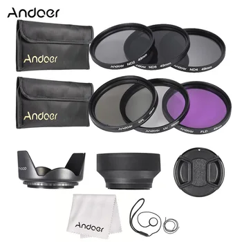 Комплект фильтров для объектива Andoer 49 мм-77 мм UV + CPL + FLD + ND (ND2, ND4, ND8) с Крышкой Объектива, Держатель крышки объектива, Резиновые Бленды для линз, Ткань Для чистки