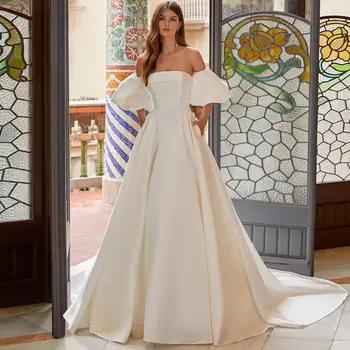Классическое свадебное платье с открытыми плечами Трапециевидной формы из атласа цвета слоновой кости со съемными рукавами, вечернее Макси-платье с открытой спиной, простое Vestido De Novia