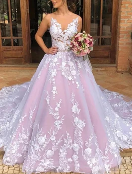 Элегантное Розовое Свадебное платье Трапециевидной формы 2023, Прозрачное Свадебное платье Без рукавов С V-образным вырезом И Аппликацией Из Кружева Abiti Da Sposa Vestidos De Novia