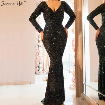 Черные Вечерние платья Dubai С Длинным Рукавом и блестками 2023, Роскошные Вечерние Платья С V-образным вырезом и блестками Serene Hill LA60852