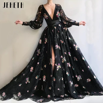 JEHETH Черное Сексуальное платье для выпускного вечера с кружевными цветочными аппликациями, Изысканные Длинные пышные рукава, Глубокий V-образный вырез, Высокий разрез, официальное вечернее платье Для женщин