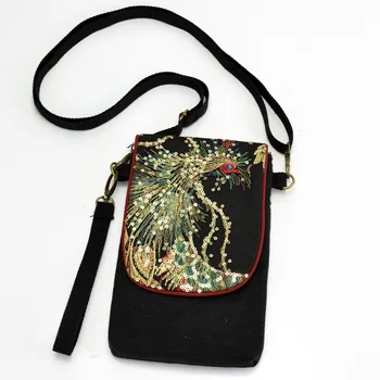 Новая сумка с вышивкой, Мини-холст с вышивкой Павлиньими пайетками, портативная сумка через плечо, Модный повседневный кошелек, сумка для мобильного телефона