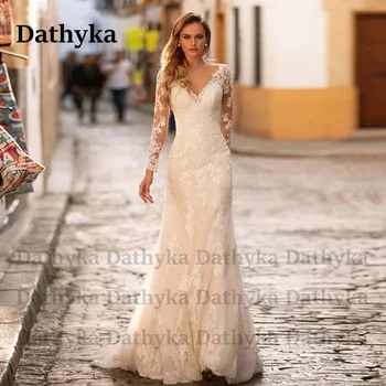 Свадебные платья Dathyka Mermaid с длинным рукавом, тюлевая иллюзия, пуговица, современные аппликации, придворный шлейф, V-образный вырез, Vestido De Casamento