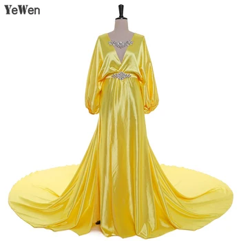Сексуальное вечернее платье со шлейфом длиной 1 м с V-образным вырезом, Шелковый атлас, желто-синие вечерние платья для вечеринок 2020, выпускные платья YeWen, большие размеры