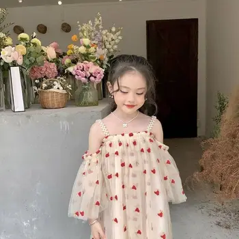 Летнее платье для девочек, новинка 2023 года, Корейское издание, Детское платье принцессы на одно плечо, сетчатое платье для девочек, детское платье