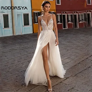 RODDRSYA Нежное свадебное платье из тюля трапециевидной формы 2023, спагетти с разрезом на пляже, сексуальная иллюзия, свадебные платья с открытой спиной, сшитые на заказ