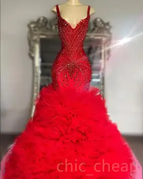 Арабское Aso Ebi Красное платье русалки для выпускного вечера, украшенное бисером, кристаллами, ярусами, оборками, тюлевое вечернее платье для помолвки, Robe De Soiree
