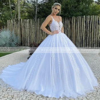 Бретельки-спагетти, блестящие свадебные платья, глубокий V-образный вырез, прозрачный лиф, Кружевные аппликации, Блестящее Белое бальное платье, свадебные платья 2023 года