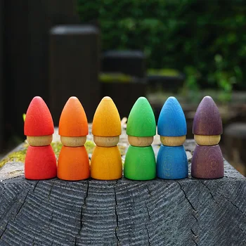 Набор из 6 радужных деревянных кукол-колышков 2,75-дюймовых гномов, красочная радужная игрушка из букового дерева, креативные игрушки Монтессори