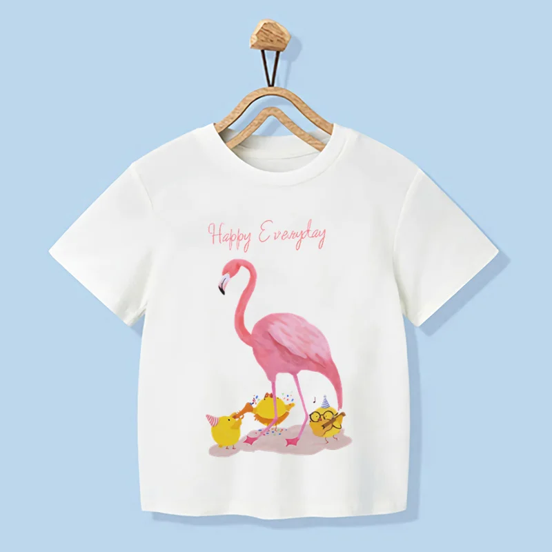 Летняя милая детская футболка с рисунком фламинго, футболка с мультяшным принтом для девочек и мальчиков, детские футболки Kawaii, модный повседневный дизайн