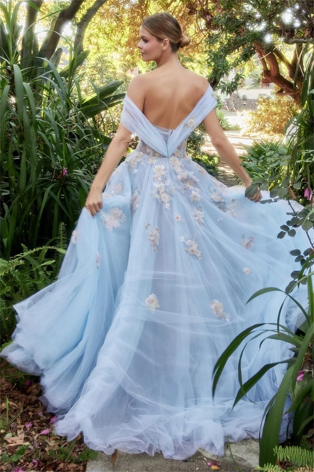 Платье для выпускного вечера с открытыми плечами ручной работы Cathy 2023, вечерние платья с 3D цветами, детское платье принцессы из голубого тюля, Vestidos De Noche