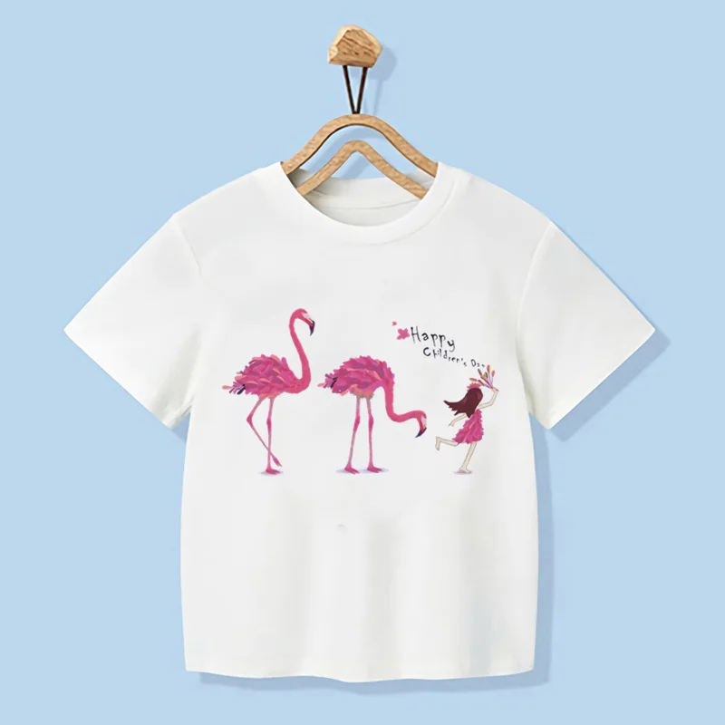 Летняя милая детская футболка с рисунком фламинго, футболка с мультяшным принтом для девочек и мальчиков, детские футболки Kawaii, модный повседневный дизайн