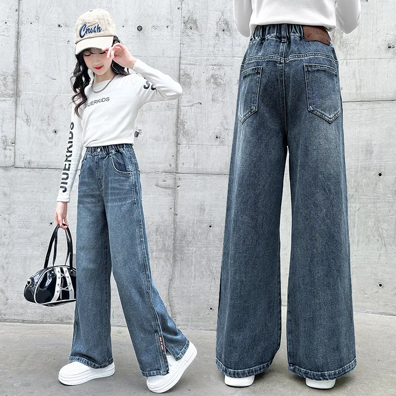 2023 Весенние детские джинсы с разрезом, Широкие брюки с высокой талией для девочек, Осенние джинсовые брюки для мальчиков, Фирменные спортивные брюки с эластичной резинкой на талии