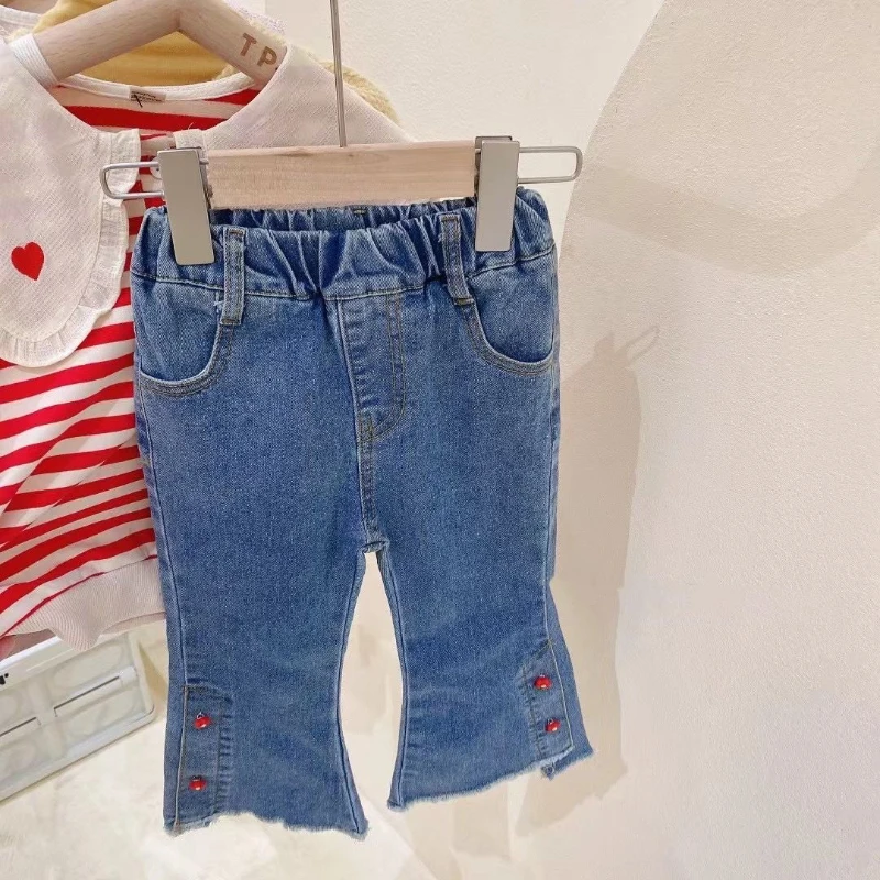 Весенне-осенние комплекты одежды для девочек, Новая модная толстовка в полоску с отворотами, топы и джинсы, джинсовые брюки, Детская одежда для девочек
