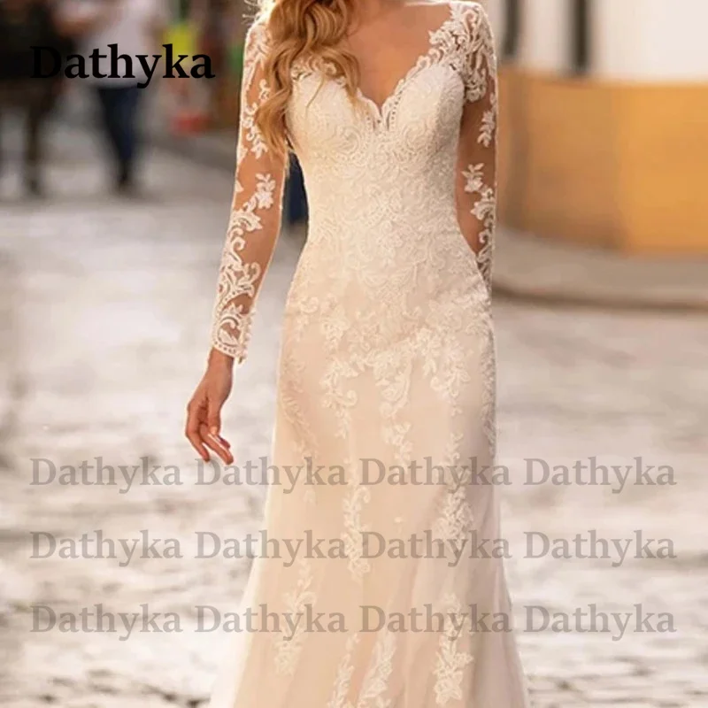 Свадебные платья Dathyka Mermaid с длинным рукавом, тюлевая иллюзия, пуговица, современные аппликации, придворный шлейф, V-образный вырез, Vestido De Casamento