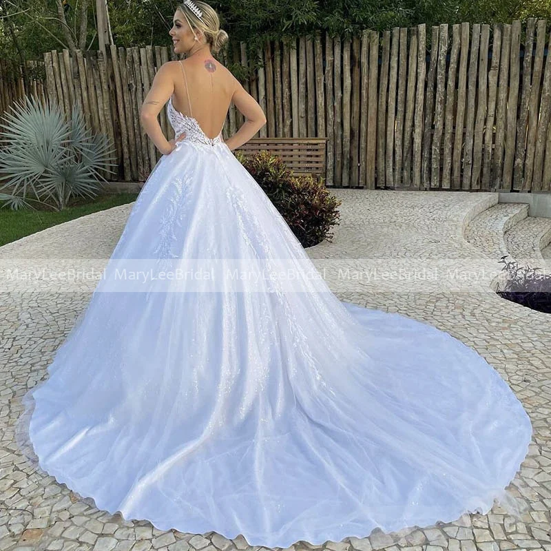 Бретельки-спагетти, блестящие свадебные платья, глубокий V-образный вырез, прозрачный лиф, Кружевные аппликации, Блестящее Белое бальное платье, свадебные платья 2023 года