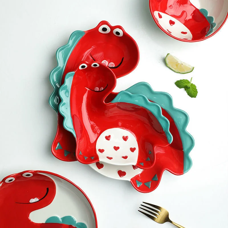 Милая мультяшная миска с динозавром Керамическая Полезная посуда Индивидуальность Салатница Детская посуда Тарелка для закусок Столовая посуда Набор для ужина